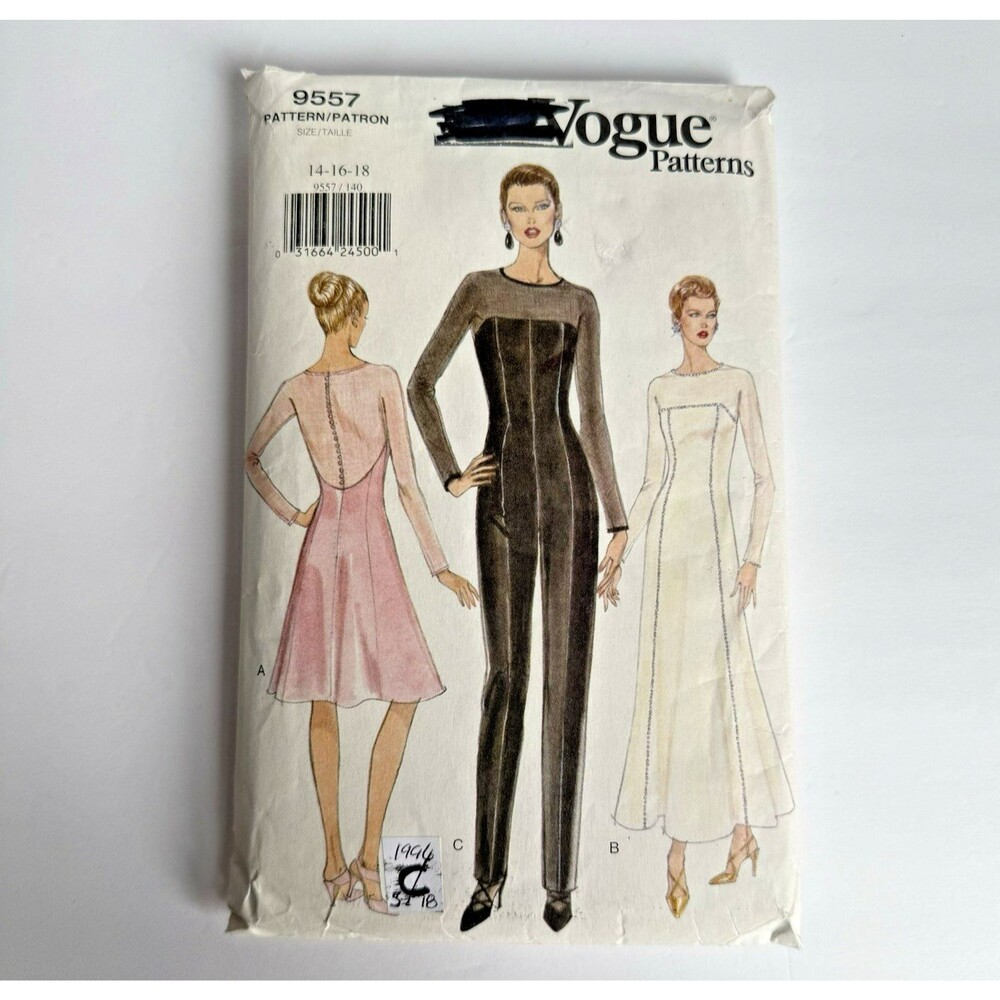 Vtg 90's Vogue 9557 Sewing Pattern Dress Bodysuit Skater Dress Sheer Back 14-18